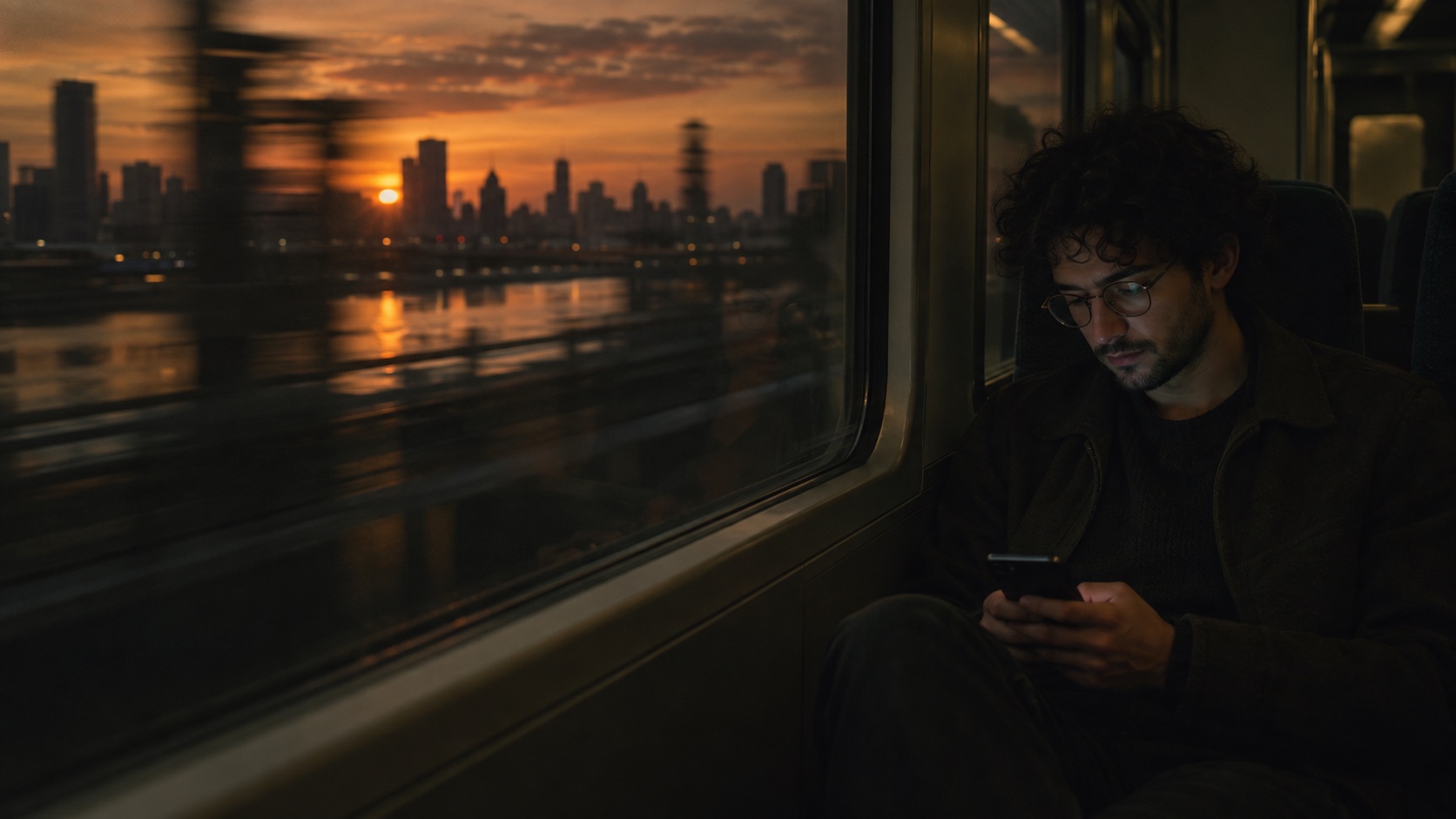 An operator reviewing agent work from a train at dusk.
